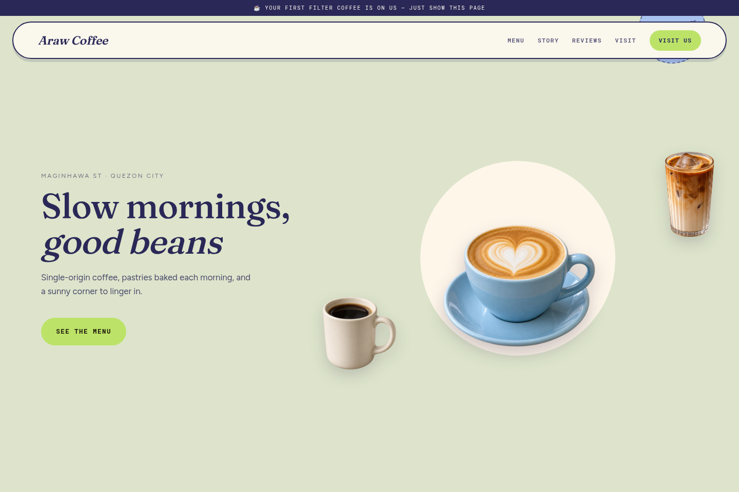 A fast, mobile-first café site built by Saraya Labs